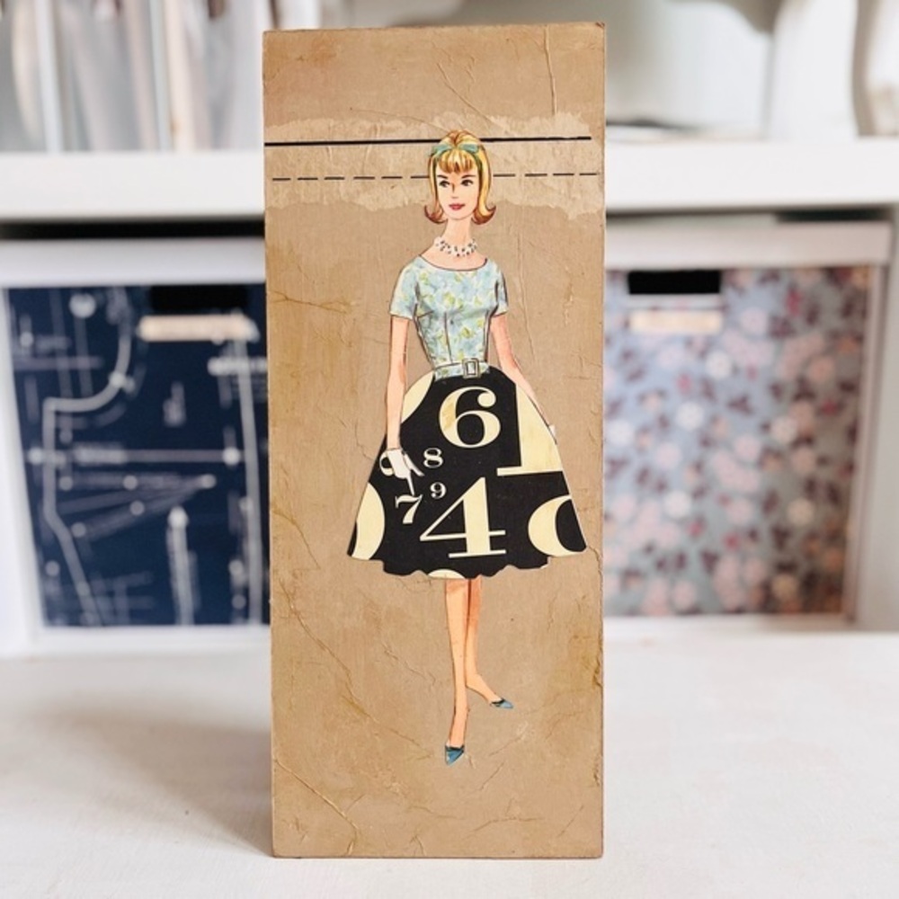 Vintage Sewing Pattern Mixed Media 6x15 Smooth Hardboard Panel + Paper Skirt